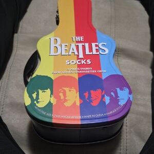 3 Pairs of Beatles Socks in Guitar Shaped Tin George Harrisson John Paul Ringo